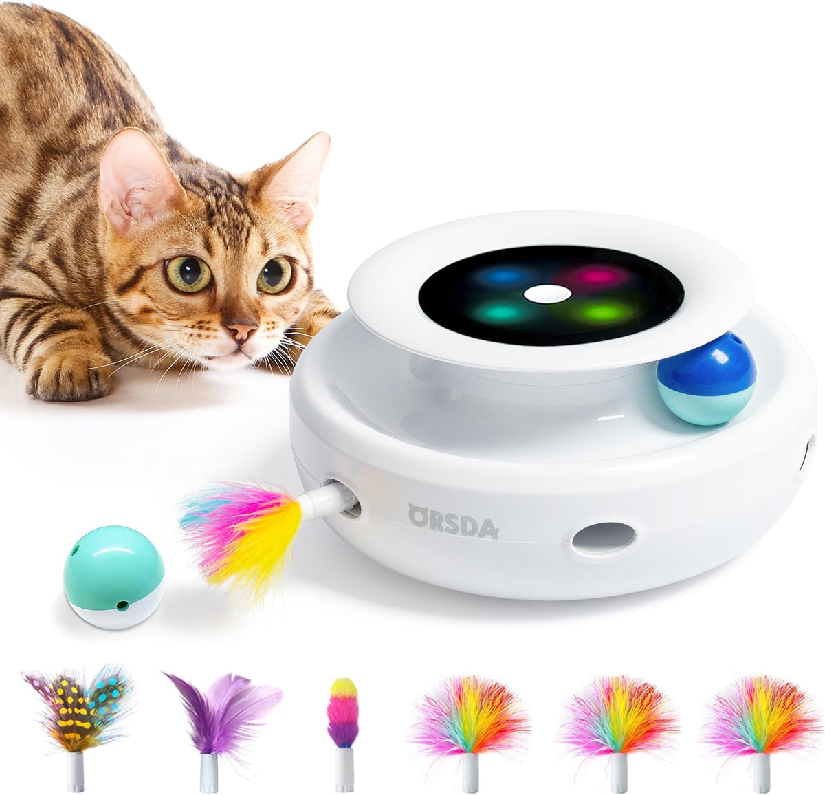 2In1 Interactive Toys for Indoor Cats, Timer Auto On/Off, Cat Toy Balls & Ambush Electronic Cat Mice Toy for Entertainment with 6Pcs Feathers, Dual Power Supplies