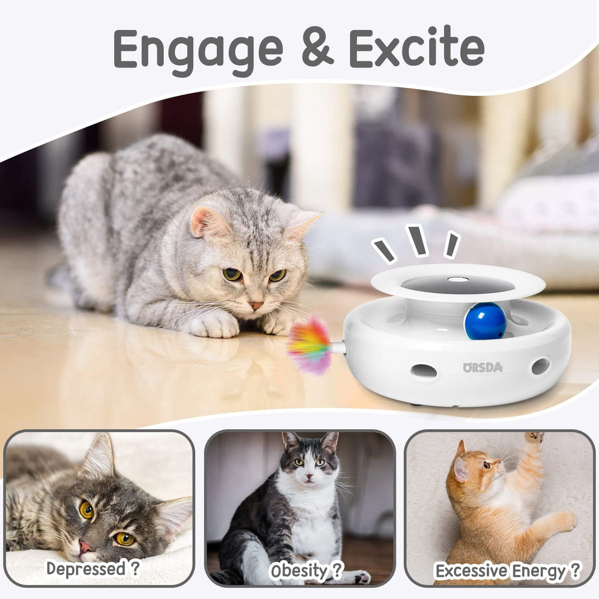 2In1 Interactive Toys for Indoor Cats, Timer Auto On/Off, Cat Toy Balls & Ambush Electronic Cat Mice Toy for Entertainment with 6Pcs Feathers, Dual Power Supplies